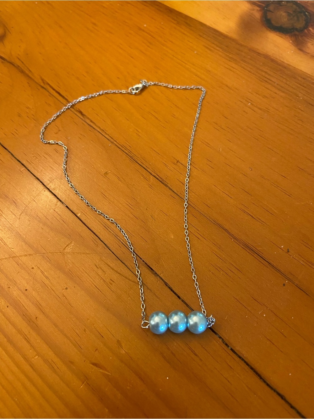 Silver Chain Necklace with Three Light Blue Beads